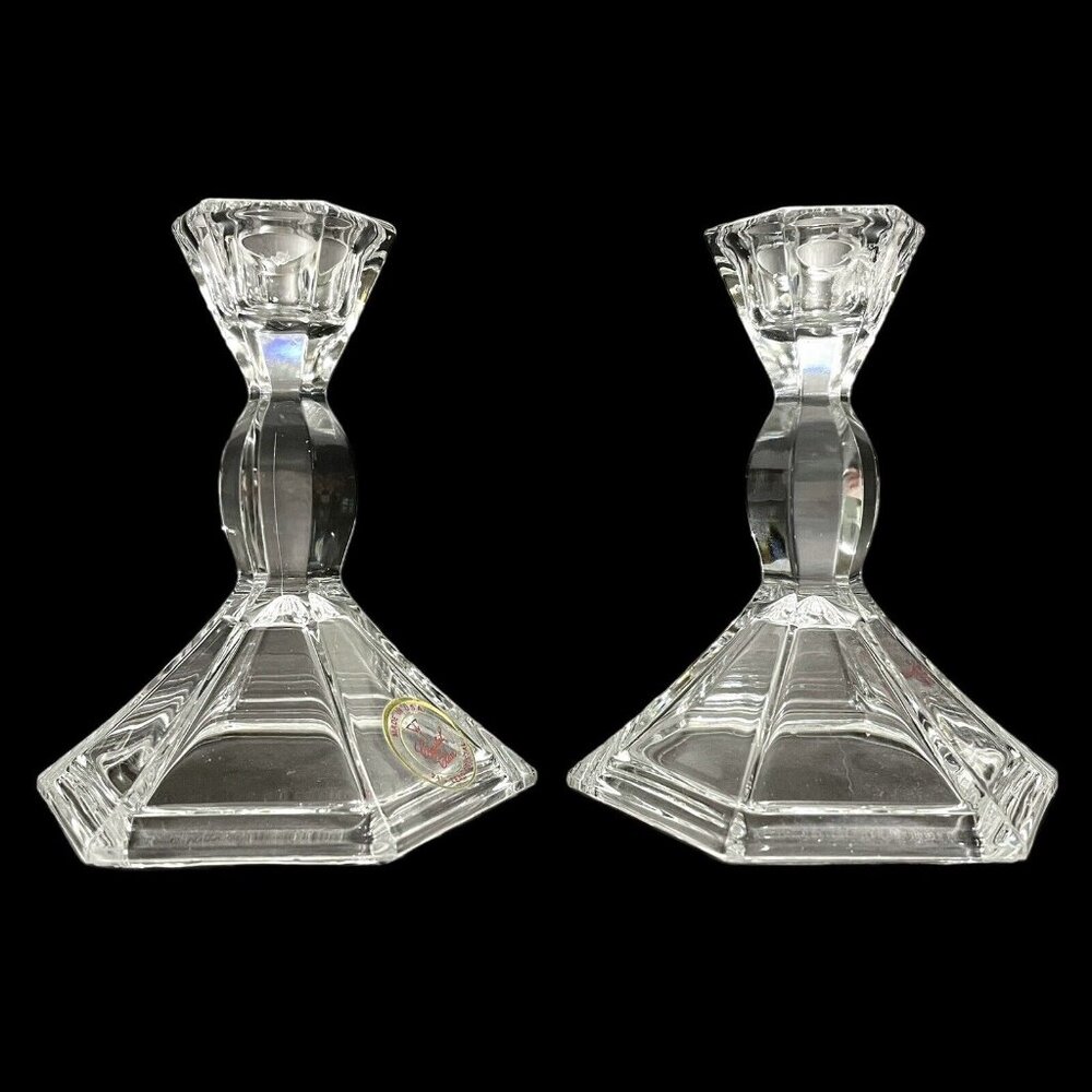 Vintage 1980s Pair Crystal Candlesticks Michael C Fina, made in USA Fifth Avenue